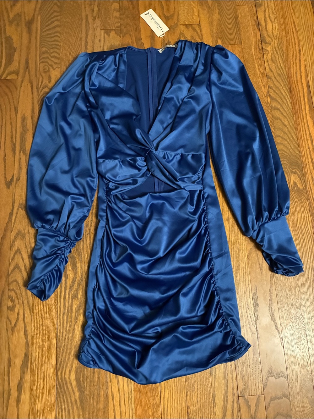 Satin Twist-Front Long Sleeve Dress in Royal Blue with cut out